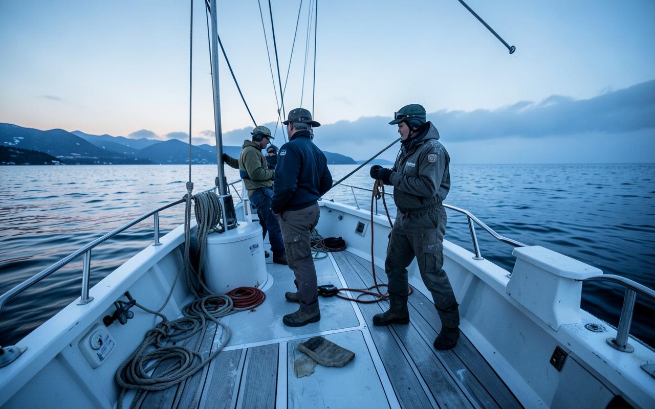 Charter boat crew working on deck at dawn