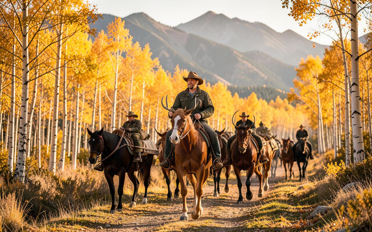 An elk guide leading pack horses through autumn aspens