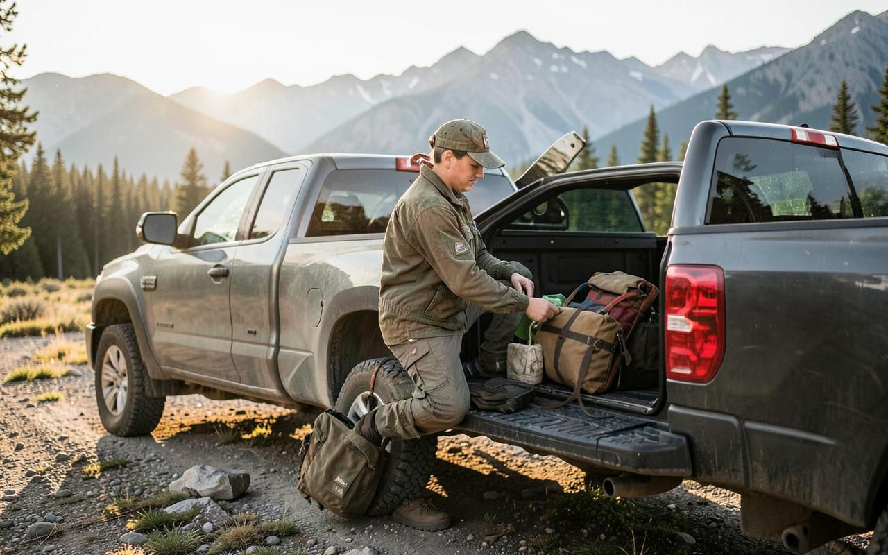 A young field crew member loading gear into a truck at dawn