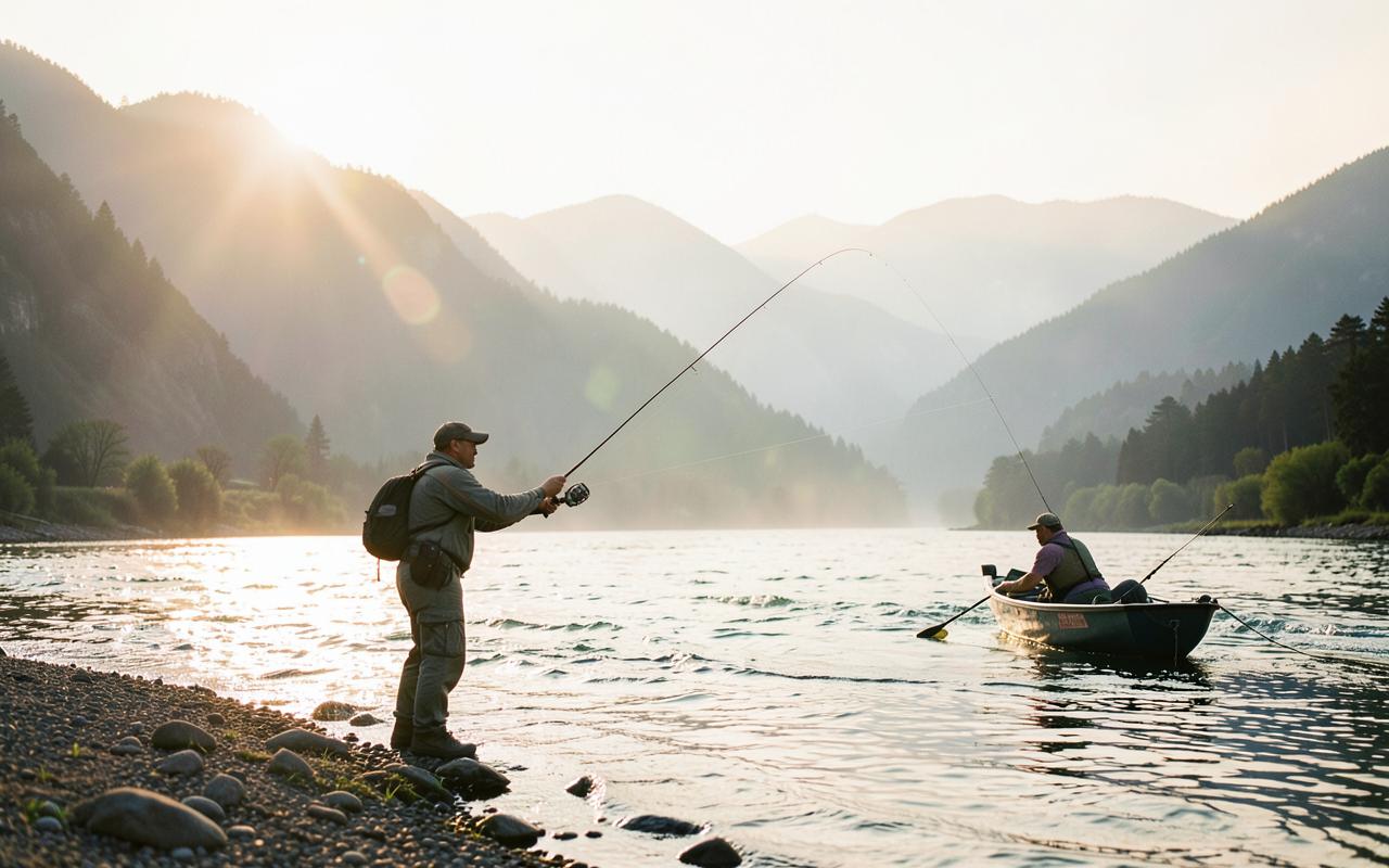A fly fishing guide casting on a river at sunrise