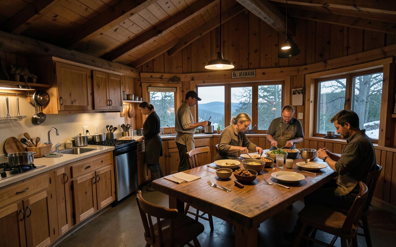 Camp crew preparing dinner in a remote hunting lodge kitchen